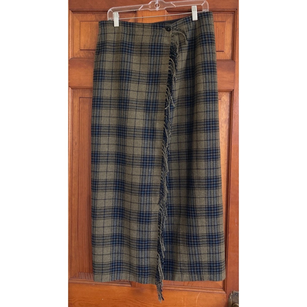 Womens Sz 14 Plaid Fringe Wool Blend Maxi Wrap Skirt Academia Heritage Teacher
